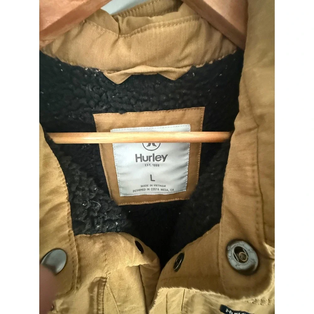 Hurley Mens Sherpa Lined Quilted Canvas Chore Jacket Brown Tan Large L Coat - Picture 3 of 6